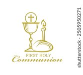 golden holy communion icon with chalice, candle and bread on white background