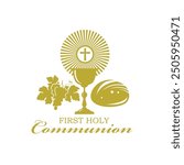 golden holy communion icon with chalice, grapes and bread on white background