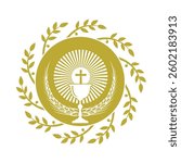 golden holy communion icon with chalice and wheat isolated on white background
