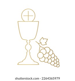 golden holy communion icon, chalice with waffer and grapes- vector illustration