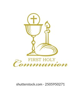 golden holy communion icon with chalice, candle and bread on white background