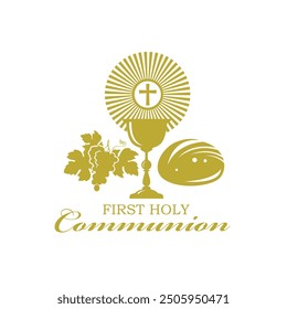 golden holy communion icon with chalice, grapes and bread on white background