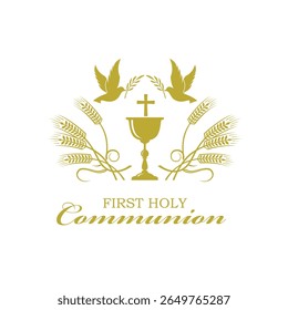 golden holy communion icon with chalice and wheat isolated on white background