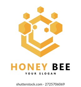Logotipo de abelha de mel dourado com formas hexagonais e elementos de design de favo de mel