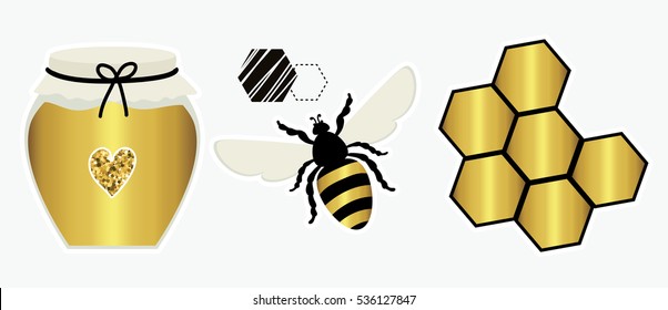 Golden honey. Bees. Cute trendy vector set  in scandinavian style