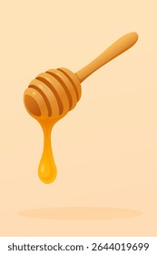 Golden honey dipper with flowing drop of sweet nectar on soft gradient background