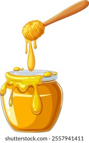 Golden honey dripping from a wooden dipper