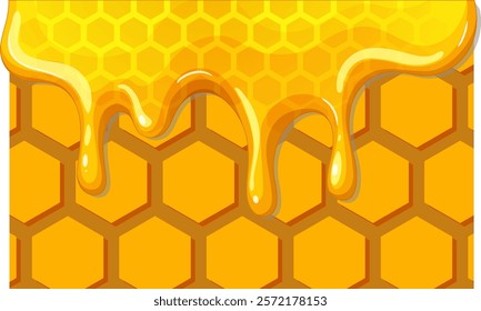 Golden honey drips over a hexagonal honeycomb