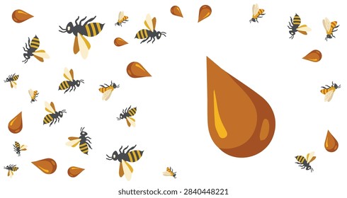 golden honey drop and buzzing bees pattern with sweet amber pollen on isolated white background for natural design