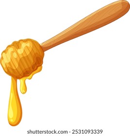 Golden honey flowing from a wooden dipper