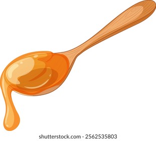 Golden honey flowing from a wooden spoon