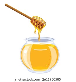 Golden honey in glass jar and honey dipper. Isolated on white background