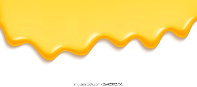 Golden honey or ice cream melt flowing down - glossy yellow liquid drip with wavy border. Sweet dessert topping for summer treats, food packaging designs or confectionery graphic illustrations.