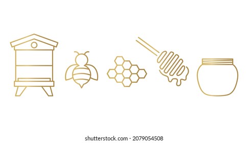 golden honey icons set: beehive, bee, honeycomb, dripper and jar- vector illustration