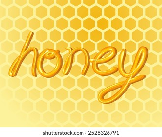 Golden honey text on hexagonal honeycomb background