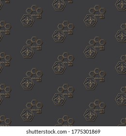 Golden honeybee. Vector background with bee in honeycomb. Design seamless pattern in linear style. 