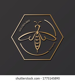 Golden honeybee. Vector icon, logo. Label and tag with bee in honeycomb. Design in linear style.
