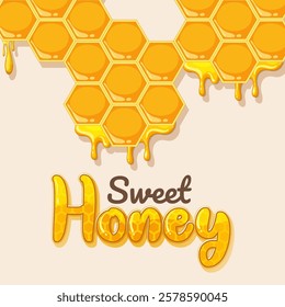 Golden honeycomb with dripping honey and text