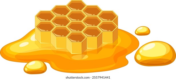 Golden honeycomb with flowing honey droplets