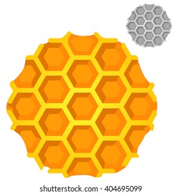 Golden honeycomb isolated on white background. Vector cartoon close-up illustration.