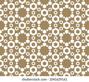 Golden honeycomb vector pattern. Abstract geometric seamless texture with hexagonal grid. Elegant brown & white wooden style hexagons background. Luxury repeat design for prints, decoration, fabric