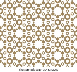 Golden honeycomb vector pattern. Abstract geometric seamless texture with delicate hexagonal grid. Elegant brown & white hexagons background. Luxury repeat wooden style design for prints, decoration