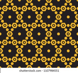 Golden honeycomb vector seamless pattern. Abstract black and gold geometric texture with delicate hexagonal grid. Elegant luxury background. Repeat design for prints, decor, fabric, carpet, covers