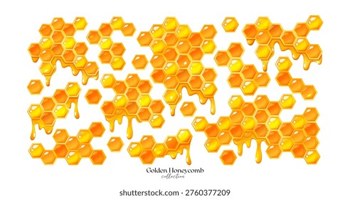 Golden Honeycomb Vector Set with Dripping Honey, Organic Beehive Cells Collection Isolated on White Background. Decorative Sweet Food or High-End Cosmetic Packaging Design Elements Set.