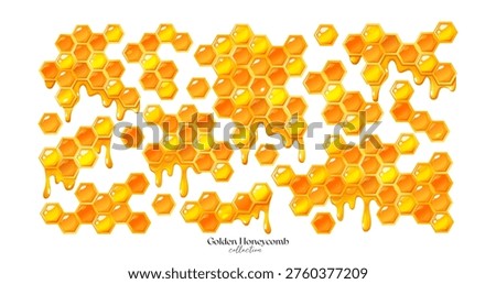 Golden Honeycomb Vector Set with Dripping Honey, Organic Beehive Cells Collection Isolated on White Background. Decorative Sweet Food or High-End Cosmetic Packaging Design Elements Set.