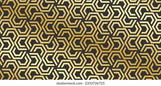 Golden honeycombs or hexagons. Gold and black abstract background. Modern technology pattern. Vector illustration 