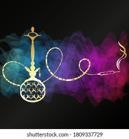 Hookah dorado y humo de color sobre un diseño de fondo negro para fumar y relajarse