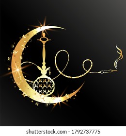 Golden hookah and crescent design for relaxation and smoking