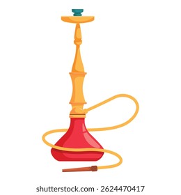 Golden hookah pipe standing with long yellow tube for smoking flavored tobacco