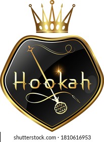 Golden hookah with smoke pattern and crown on shield design	