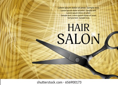Golden horizontal background with professional scissors for advertising a hair salon. Vector illustration.