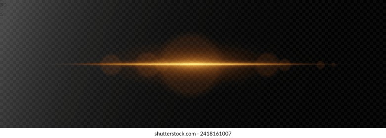 Golden horizontal glare of light. Line flash effect. On a transparent background.