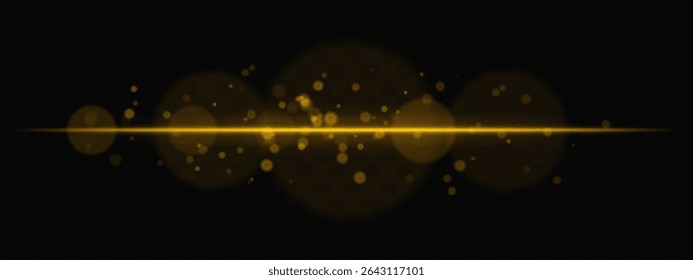 Golden horizontal glow with light particles and lens bokeh on transparent background. Atmospheric sci-fi effect perfect for transitions, digital UI, or dreamy glowing overlays.