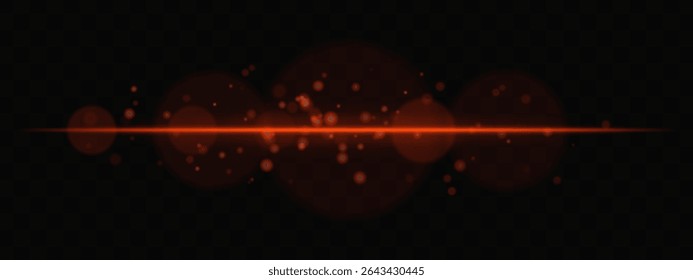 Golden horizontal glow with light particles and lens bokeh on transparent background. Atmospheric sci-fi effect perfect for transitions, digital UI, or dreamy glowing overlays.