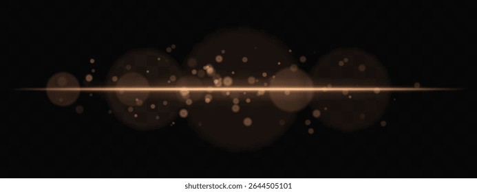 Golden horizontal glow with light particles and lens bokeh on transparent background. Atmospheric sci-fi effect perfect for transitions, digital UI, or dreamy glowing overlays.