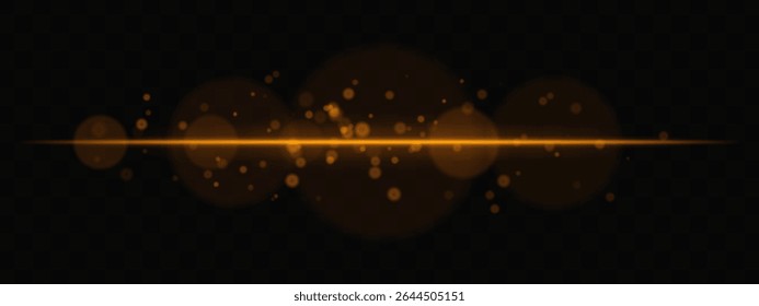 Golden horizontal glow with light particles and lens bokeh on transparent background. Atmospheric sci-fi effect perfect for transitions, digital UI, or dreamy glowing overlays.