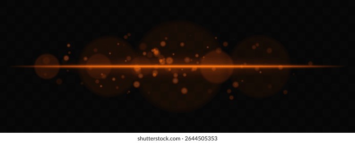 Golden horizontal glow with light particles and lens bokeh on transparent background. Atmospheric sci-fi effect perfect for transitions, digital UI, or dreamy glowing overlays.