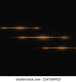 Golden horizontal highlight with glitter and dust on a transparent background. Laser beams, horizontal light beams.