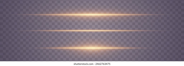 Golden horizontal highlights. Laser beams of light. Glowing lines effect. On a transparent background.	
