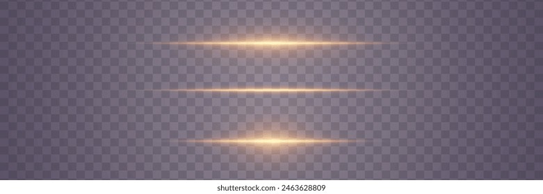 Destacados Horizontales dorados. Rayos de luz láser. Efecto Líneas brillantes. Sobre un fondo transparente.