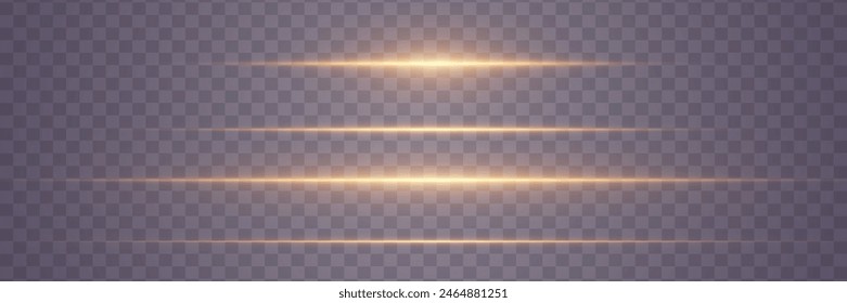 Golden horizontal highlights. Laser beams of light. Glowing lines effect. On a transparent background.	

