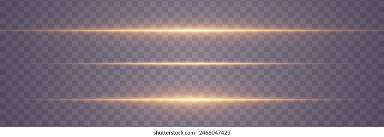 Golden horizontal highlights. Laser beams of light. Glowing lines effect. On a transparent background.