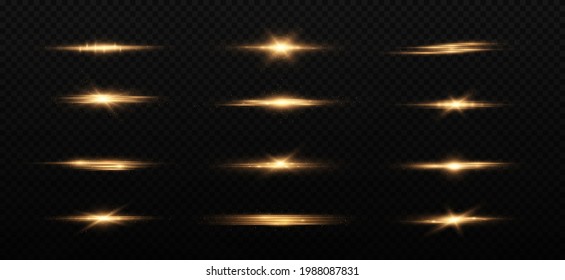 Golden horizontal lens flares pack, laser beams, light flare. Laser beams, horizontal light rays. Glowing streaks on light background.