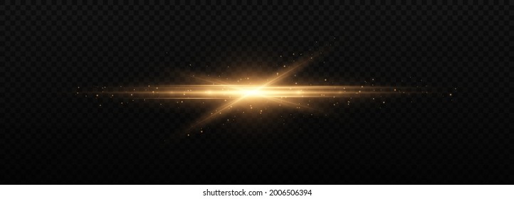 Golden horizontal lens flares pack, laser beam, light flare. Laser beams, horizontal light rays. Glowing streaks on light background.