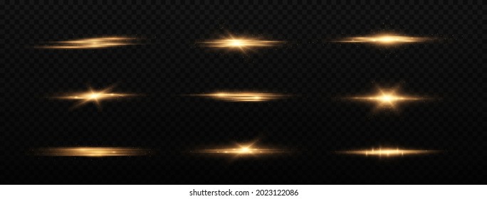 Golden horizontal lens flares pack, laser beams, light flare. Luminous abstract sparkling lines.