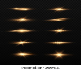 Golden horizontal lens flares pack, laser beams, light flare. Luminous abstract sparkling lines.